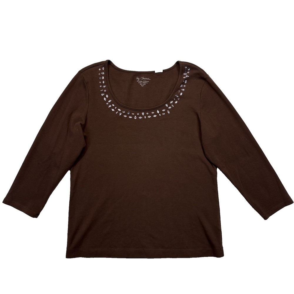 Chico's Size 2 (L) Brown Rhinestone Neckline 3/4 Sleeve Top Womens Boho Glam